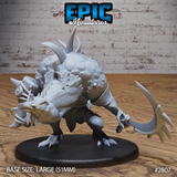 Crocodile Hunchback by Epic Miniatures — heavily scaled bipedal crocodilian crouching forward, jaws lashed with iron rope and spikes, gripping a hooked scythe-blade, raised spur-studded carapace, on a large decorative base.