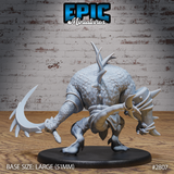 Crocodile Hunchback by Epic Miniatures — rear view showing the broad domed scale-plated back with bone spurs, one claw raised with hooked blade extended, jaws bound with coiled rope and horns visible, large decorative base.