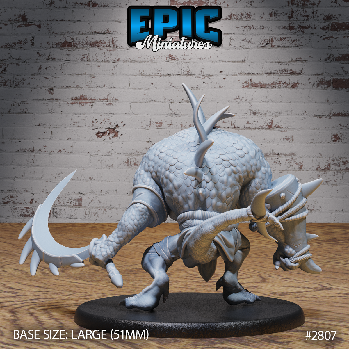 Crocodile Hunchback by Epic Miniatures — rear view showing the broad domed scale-plated back with bone spurs, one claw raised with hooked blade extended, jaws bound with coiled rope and horns visible, large decorative base.