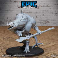 Bipedal crocodilian warrior lunging forward with a poleaxe swept horizontally, hunched scaled back bristling with ridge spines, massive fang-filled jaws open wide. Epic Miniatures sculpt on a 51mm oval base.
