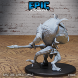 Crocodilian hunchback warrior striding with poleaxe extended, broad scale-covered back and bony dorsal ridges visible, tail trailing behind, clawed feet splayed on a plain oval base. Epic Miniatures sculpt.