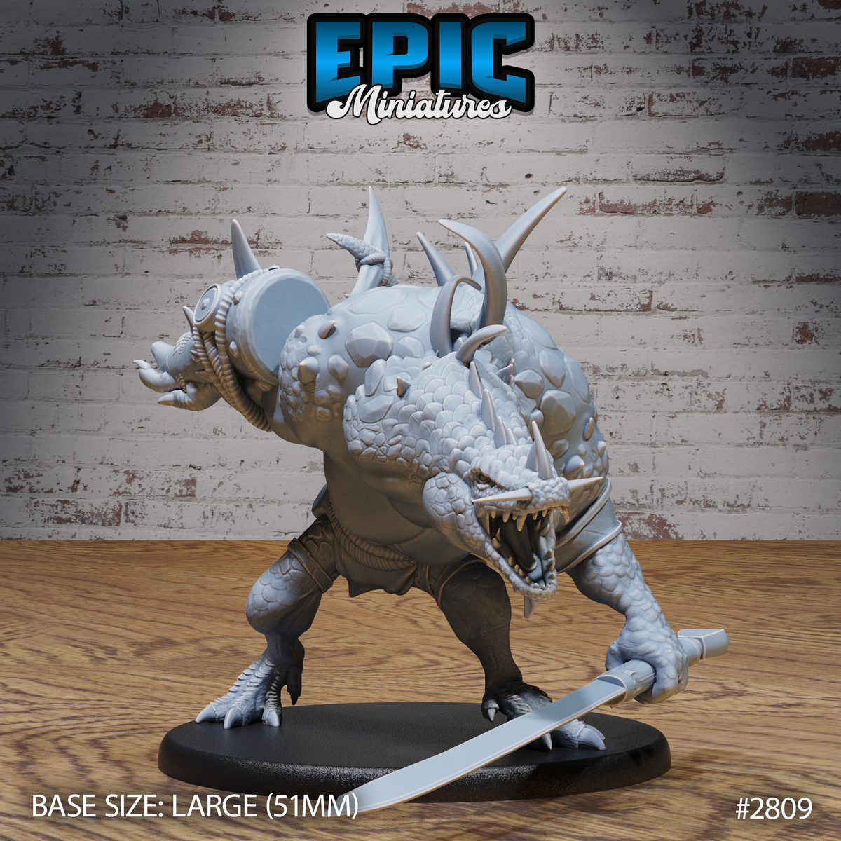 Heavily built crocodilian creature lunging forward with jaws wide open, holding a broad cleaver in one clawed hand, with dorsal spikes, rope-bound horns, and armoured forearms. Sculpt by Epic Miniatures.