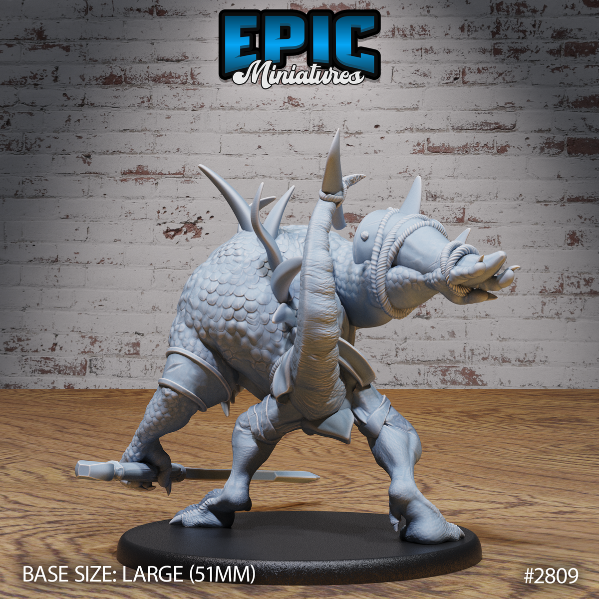 Crocodilian beast viewed from behind, showing large overlapping scales across a hunched back, prominent dorsal spikes, armoured leg plates, and a second smaller blade visible at its side. Sculpt by Epic Miniatures.