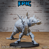 Crocodilian beast viewed from behind, showing large overlapping scales across a hunched back, prominent dorsal spikes, armoured leg plates, and a second smaller blade visible at its side. Sculpt by Epic Miniatures.