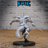 Lizardman Tribe Warrior by Epic Miniatures — rear view showing a heavily scaled tail curling behind the legs, quilted back armour, a flowing cloth sash, and a ridge of dorsal spines along the skull.