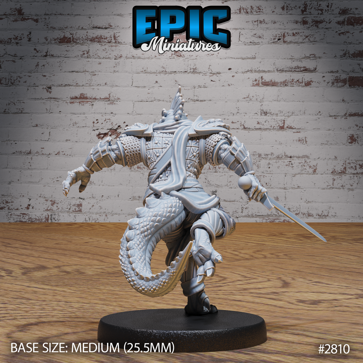 Lizardman Tribe Warrior by Epic Miniatures — rear view showing a heavily scaled tail curling behind the legs, quilted back armour, a flowing cloth sash, and a ridge of dorsal spines along the skull.