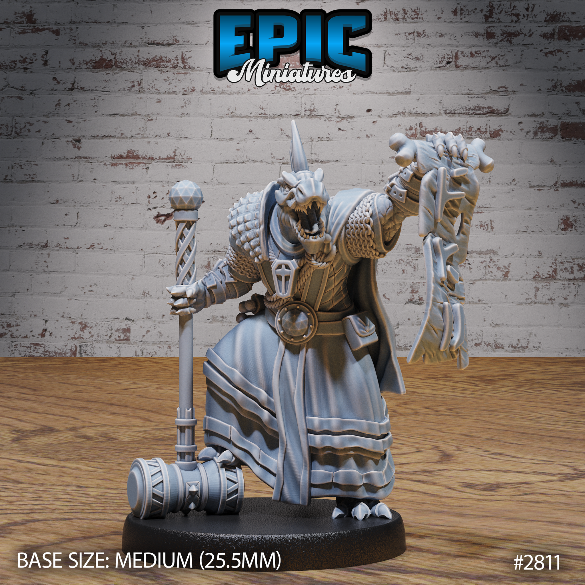 Lizardman Tribe Commander by Epic Miniatures — rear view showing heavy horned head, rope-bound belt adornments, flowing multilayered robes, and a heavy warhammer resting on the ground beside him.