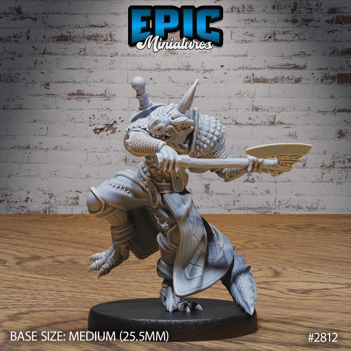 Rear view of the lizardfolk barbarian by Epic Miniatures, showing a short sword sheathed across the back, quilted cloak panels, and scaled tail and legs gripping a plain round base.