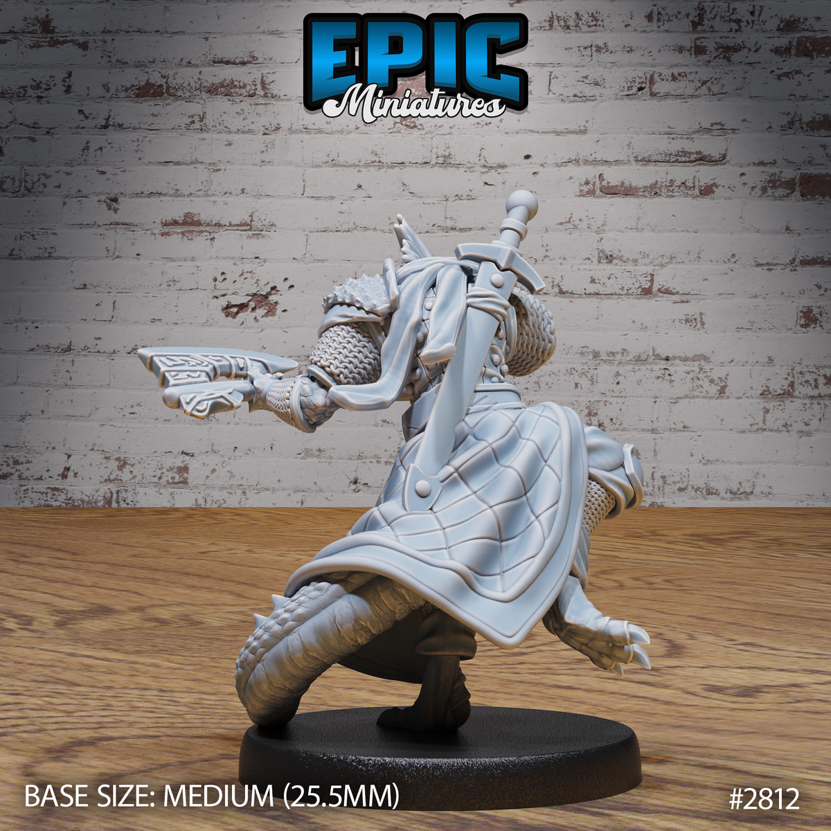 Three lizardfolk miniatures by Epic Miniatures side by side: an alchemist holding flasks aloft, a drum-carrying brute with horned head, and an armoured warrior with sword and winged-axe.