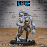 Snarling lizardfolk figure gripping a heavy pickaxe across its body, carrying a large rope-bound bundle of logs on its back, holding a lantern in one claw. Sculpt by Epic Miniatures.