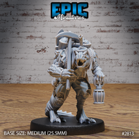 Snarling lizardfolk figure gripping a heavy pickaxe across its body, carrying a large rope-bound bundle of logs on its back, holding a lantern in one claw. Sculpt by Epic Miniatures.