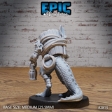Lizardfolk figure viewed from behind, showing a heavily laden back pack of bundled logs and rope wraps, with a thick knobbled tail sweeping low to the base. Sculpt by Epic Miniatures.