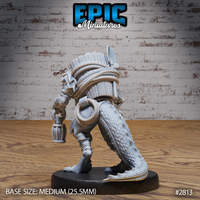 Lizardfolk figure viewed from behind, showing a heavily laden back pack of bundled logs and rope wraps, with a thick knobbled tail sweeping low to the base. Sculpt by Epic Miniatures.