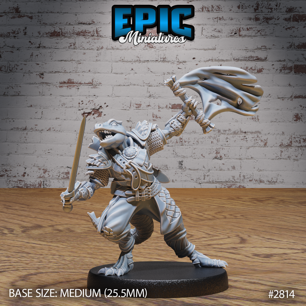 Armoured lizardfolk figure lunging forward with jaws open, banner pole raised overhead in one claw and a sword extended low in the other, showing chainmail, scaled plate, and a long tail. Grey resin render by Epic Miniatures.