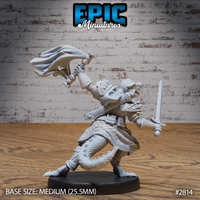 Three orange resin lizardfolk miniatures shown together: a robed figure holding potion flasks aloft, a feral creature clutching a barrel and wearing horned headgear, and an armoured bannerman with sword and draped war-banner. Render by Epic Miniatures.