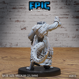Three lizardfolk sculpts displayed together: a robed alchemist holding two flasks, a hulking warrior with wide jaws gripping a barrel, and an armoured skirmisher raising a sword and winged weapon. Sculpts by Epic Miniatures.