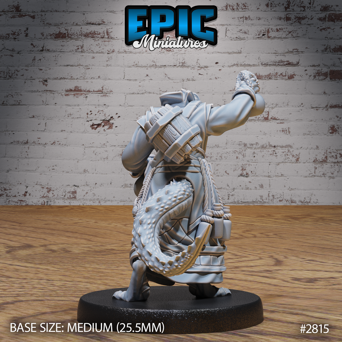Three lizardfolk sculpts displayed together: a robed alchemist holding two flasks, a hulking warrior with wide jaws gripping a barrel, and an armoured skirmisher raising a sword and winged weapon. Sculpts by Epic Miniatures.