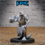 Robed lizardfolk figure leaning forward, holding a wide dish loaded with large rounded fungi in one clawed hand, wearing a belted rope-tied robe, teeth bared, tail sweeping behind. Sculpt by Epic Miniatures.