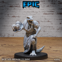 Robed lizardfolk figure leaning forward, holding a wide dish loaded with large rounded fungi in one clawed hand, wearing a belted rope-tied robe, teeth bared, tail sweeping behind. Sculpt by Epic Miniatures.