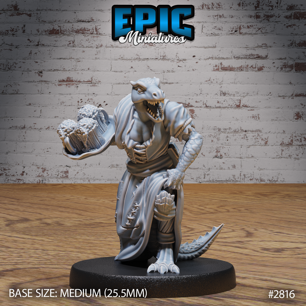 Robed lizardfolk figure leaning forward, holding a wide dish loaded with large rounded fungi in one clawed hand, wearing a belted rope-tied robe, teeth bared, tail sweeping behind. Sculpt by Epic Miniatures.