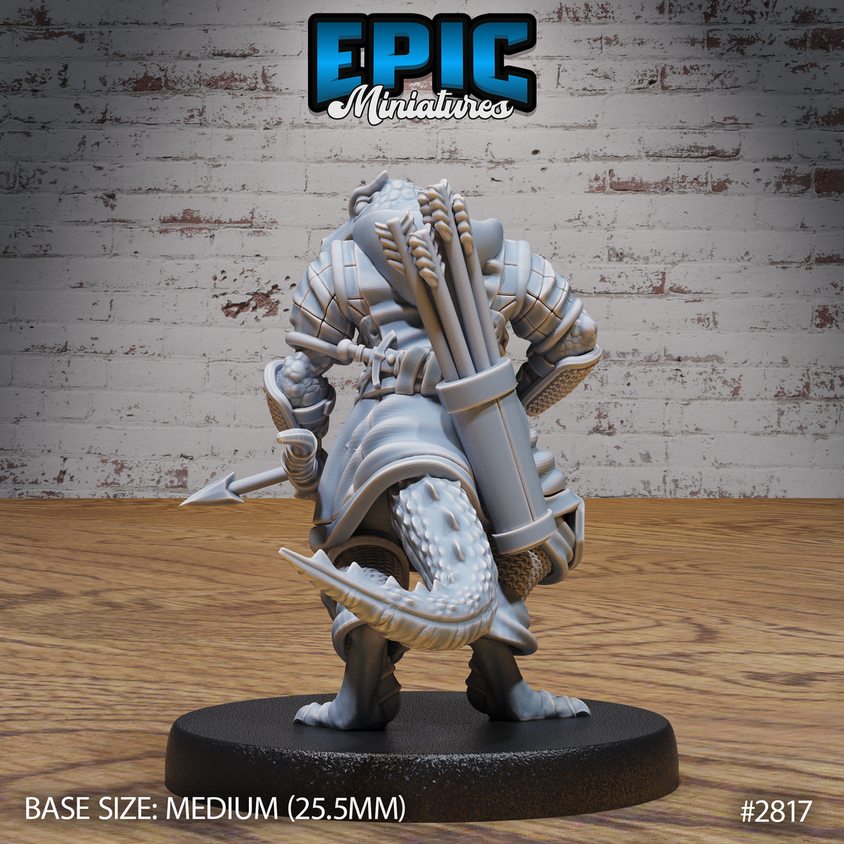 Three lizardman sculpts shown together: an alchemist raising a flask overhead, a horned warrior clutching a barrel, and a sword-wielding fighter in banded armour mid-stride with a winged weapon raised. Sculpts by Epic Miniatures.