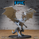War Drake miniature by Epic Miniatures — rearing upright on hind legs, wings spread wide, jaws open in a snarl, horned skull, scarred wing membranes with puncture holes, heavy hooked tail spur, on a large round base.
