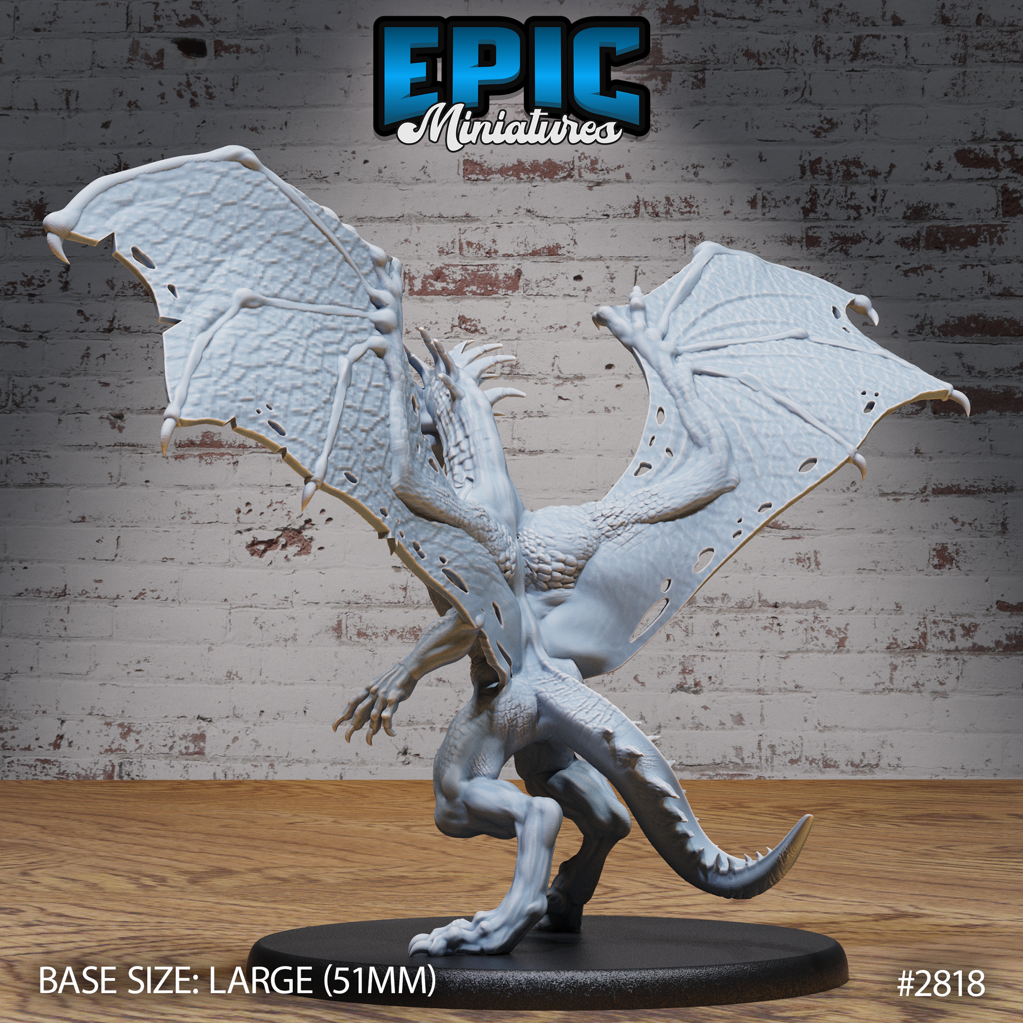 War Drake miniature by Epic Miniatures — viewed from behind, large leathery wings fully extended showing detailed vein structure and ragged tears, scaled back and haunches, tail curving low with a hooked spur, on a large round base.