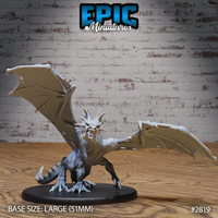 War Drake Prowling by Epic Miniatures — bipedal drake rearing upright, wings fully spread, jaws open wide in a snarl, antler-like crown of spines, clawed feet on a large 51mm oval base.