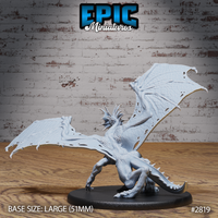 War Drake Prowling by Epic Miniatures — low crouching stance with wings arched high overhead, scaled underbelly visible, long hooked wing-finger bones and a swept-back spine of bony ridges, large 51mm oval base.