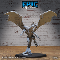 War Drake Flying by Epic Miniatures — wings fully spread, jaws open in a roar, claws reaching forward, spiked tail trailing below, scaled reptilian body, large 51mm oval base.