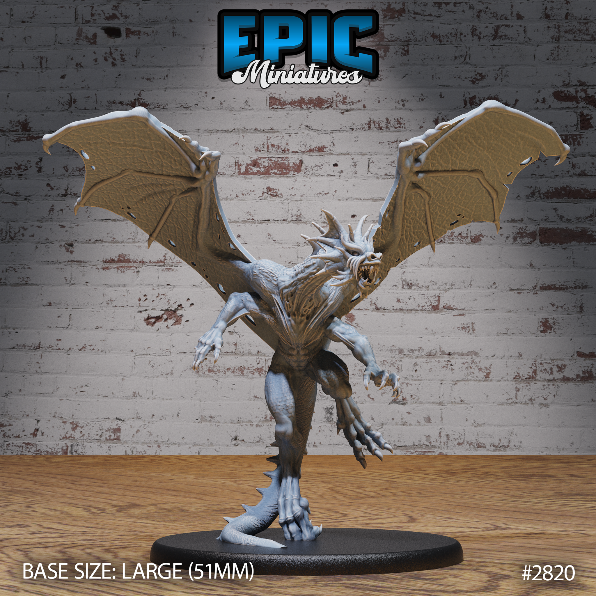 War Drake Flying by Epic Miniatures — wings fully spread, jaws open in a roar, claws reaching forward, spiked tail trailing below, scaled reptilian body, large 51mm oval base.
