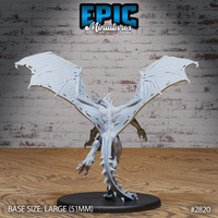 War Drake Flying by Epic Miniatures — rear view showing torn wing membranes, spiked dorsal ridge running down the spine, scaled tail with jagged protrusions, large 51mm oval base.