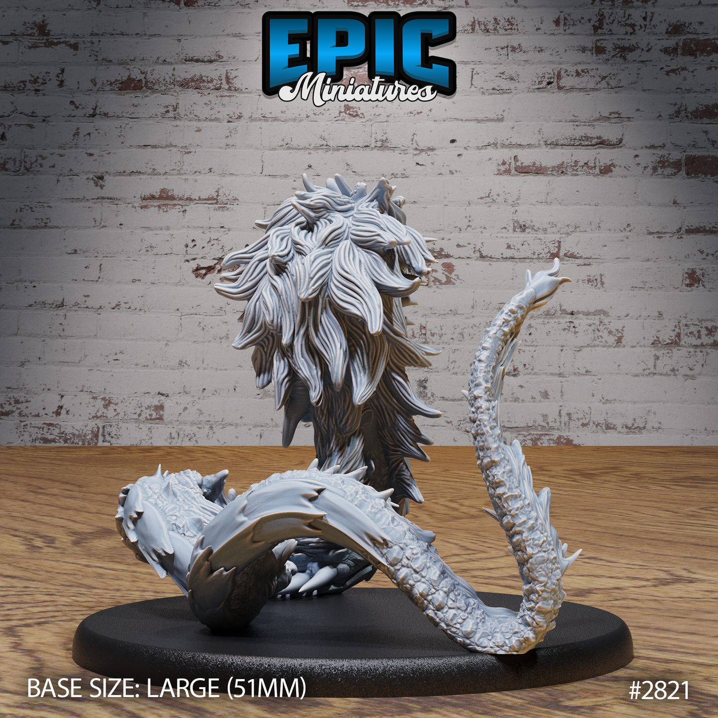 Sea serpent with a ferocious lion's head, mane splayed, body coiling low across a wave base with a scaled tail curling upward behind. Sculpt by Epic Miniatures.