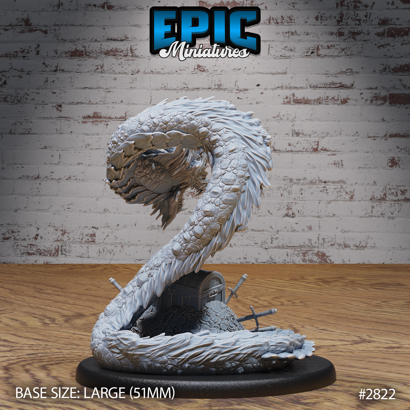 Serpent miniature seen from a lower angle emphasising the muscular coiled body and broad scaled back, jaws gaping wide with visible fangs, frilled neck extended, rising from a coin-strewn base with a tipped chest. Sculpt by Epic Miniatures.