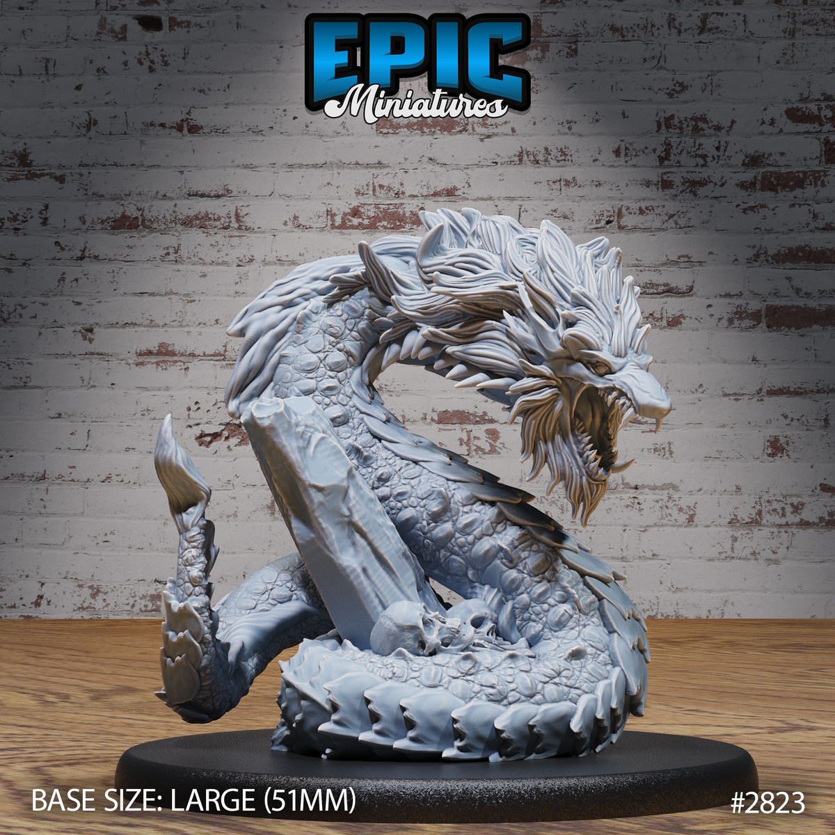 Coiled serpent beast miniature with a wide-open snarling jaw, flowing mane around its head, heavy scales along its body, and a base featuring skulls and a broken stone pillar. Sculpt by Epic Miniatures.