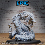 Coiled serpent beast miniature with a wide-open snarling jaw, flowing mane around its head, heavy scales along its body, and a base featuring skulls and a broken stone pillar. Sculpt by Epic Miniatures.