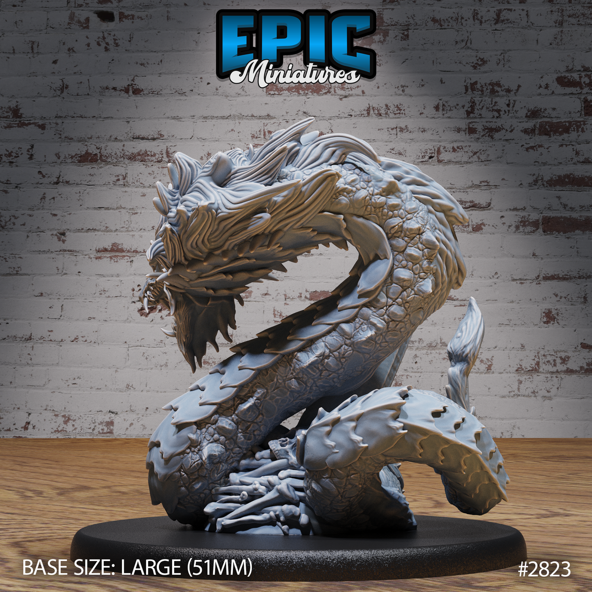 Serpent beast miniature coiled tightly with fanged jaws agape, bristling fur mane, textured overlapping scales, and a base scattered with skeletal remains and bones. Sculpt by Epic Miniatures.