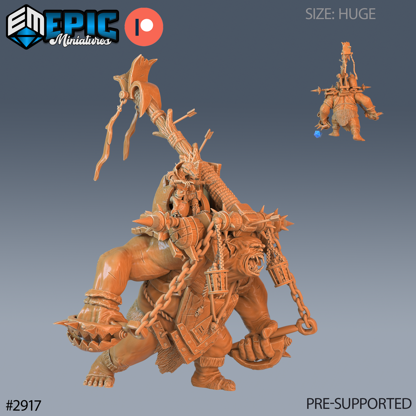 Unpainted orange resin render of a huge troll miniature carrying a goblin archer aloft on a long pole. The troll is roaring, armoured with scavenged plate and leather, and adorned with spiked chains, a hanging cage flail, and bound arrows. A small goblin clings to the pole and draws a bow mid-flight. Scale reference die visible in inset image.