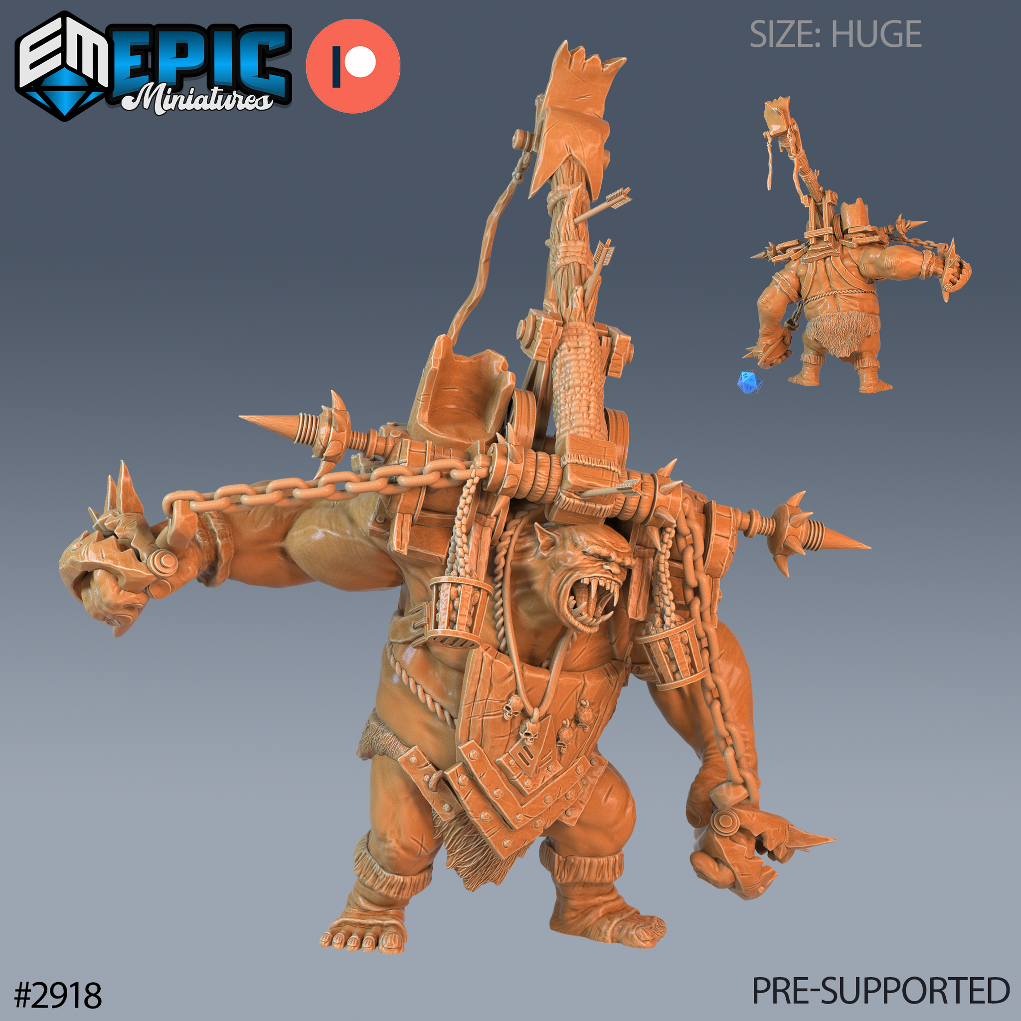 Digital render of a Huge-scale unpainted resin troll miniature by Epic Miniatures — the troll lunges forward with one arm outstretched, a goblin gripped in its fist mid-throw. Its back carries a towering rack of lashed timber loaded with a war banner, quiver of arrows, spiked crossbow, and trailing chains. A skull-decorated shield is strapped to its chest. An inset top-right shows the miniature from a rear three-quarter angle with a blue D20 for scale.