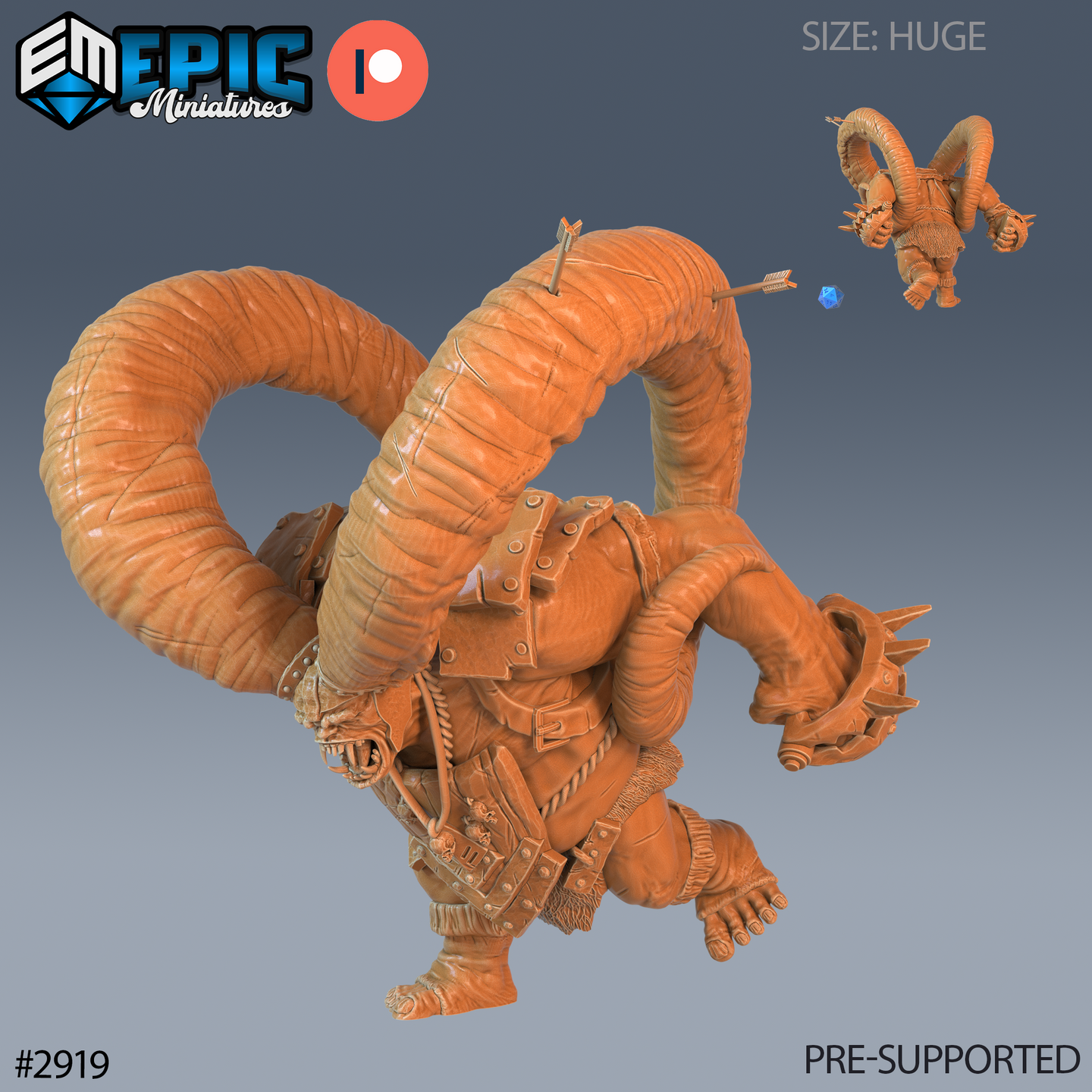 Digital render of the Ram Troll miniature by Epic Miniatures — a huge hunched troll creature with two massive coiling worm-like tentacles erupting from its back, spiked gauntlet on one arm, patchwork leather harness across its chest, arrows embedded in its tendrils and torso, mouth open in a roar. Warm terracotta orange. Scale reference in upper-right corner shows the mini towering over a standard humanoid figure beside a blue D20.