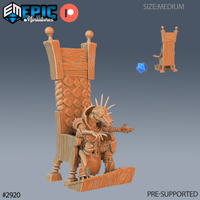 Digital render of a 32mm Commander Kobold miniature seated on a tall carved wooden throne, wearing spiked plate armour with a fanged helmet, one gauntleted hand extended in a commanding gesture — shown from front and rear angles with a d20 for scale