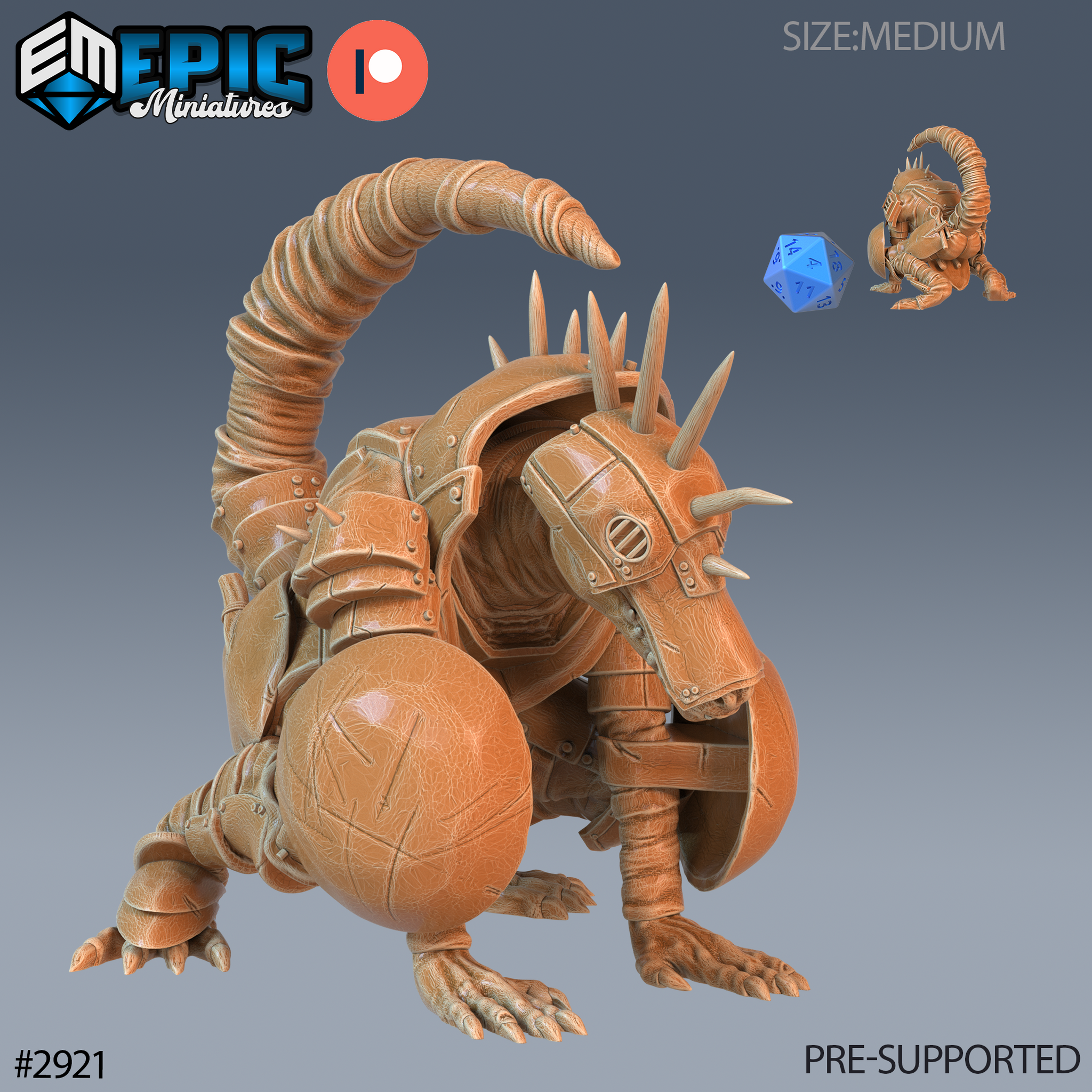 Digital render of a Commander Kobold miniature in a crouching seated pose, wearing segmented riveted armour with a scorpion-like curling tail, bony back spines, and thick clawed feet — shown unpainted in warm terracotta tones with a scale reference d20 die and size comparison inset, by Epic Miniatures