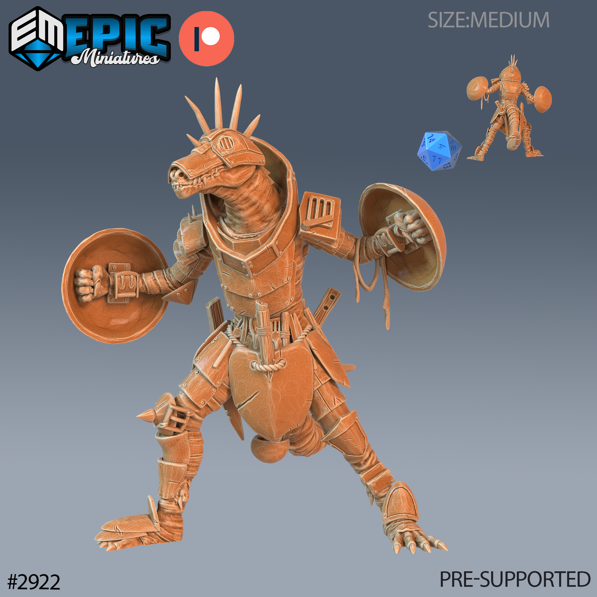 Digital render of a Commander Kobold Shield miniature by Epic Miniatures — a medium-sized kobold warrior in full riveted plate armour, twin round shields gripped in each clawed hand, wide-legged aggressive stance, bony spines rising from the helmet crest, rope-bound waist pouches, shown in unpainted orange resin with a 32mm scale figure and d20 reference in the corner
