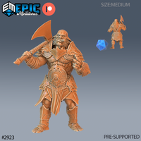 Digital render of an unpainted 32mm Hobgoblin Chief miniature in ornate plate armour, holding a greataxe over one shoulder, with a bald head and short beard — shown alongside a size-reference d20 die and a rear-view inset