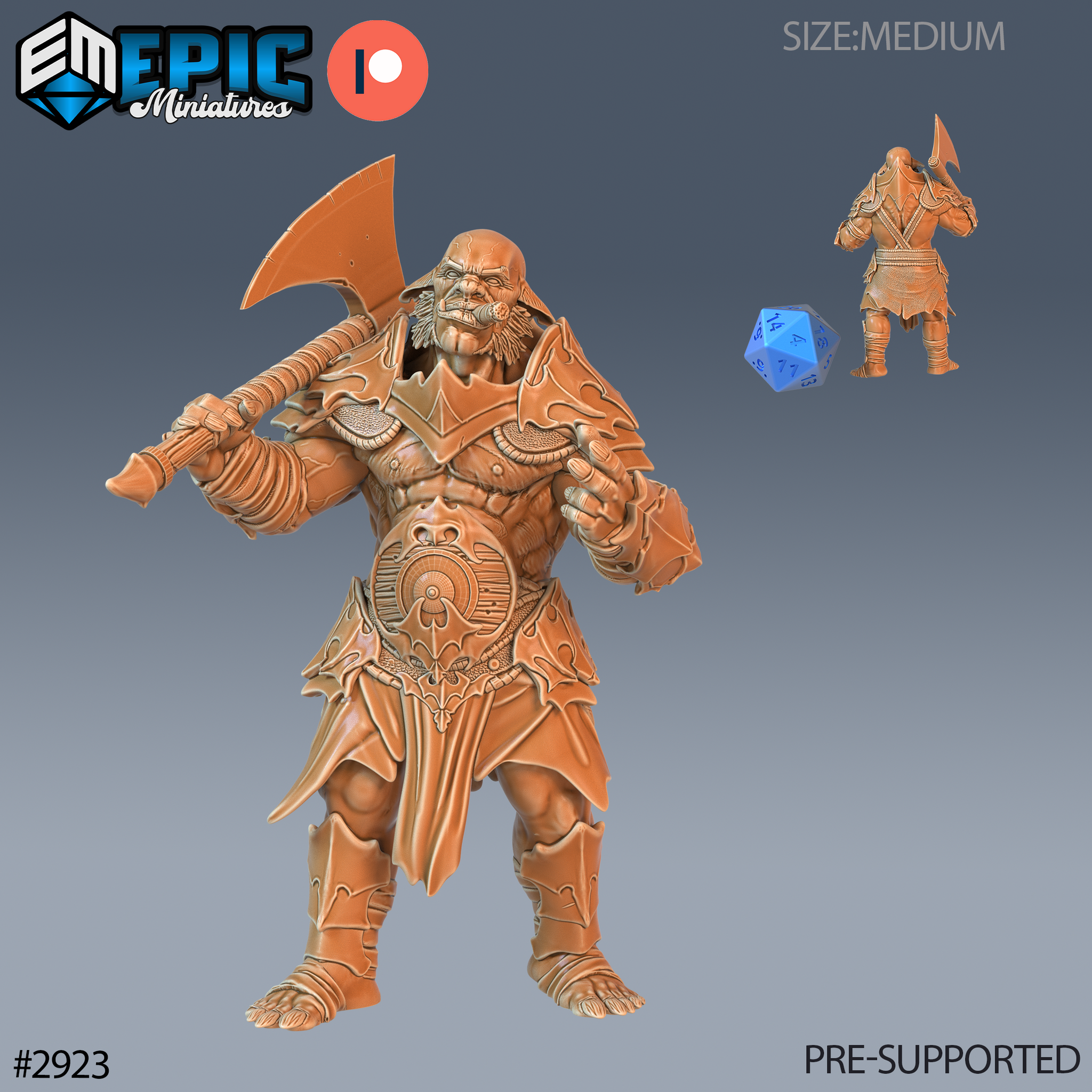Digital render of an unpainted 32mm Hobgoblin Chief miniature in ornate plate armour, holding a greataxe over one shoulder, with a bald head and short beard — shown alongside a size-reference d20 die and a rear-view inset