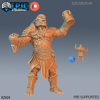 Digital render of an unpainted hobgoblin miniature in 32mm scale, posed with both arms raised wide, holding a tankard in each hand. The hobgoblin wears layered armour with decorated pauldrons and a broad studded belt. His mouth is open in a roar or battle cry. A scale reference shows a blue d20 and a smaller 32mm figure beside him. Epic Miniatures logo visible in the top left.