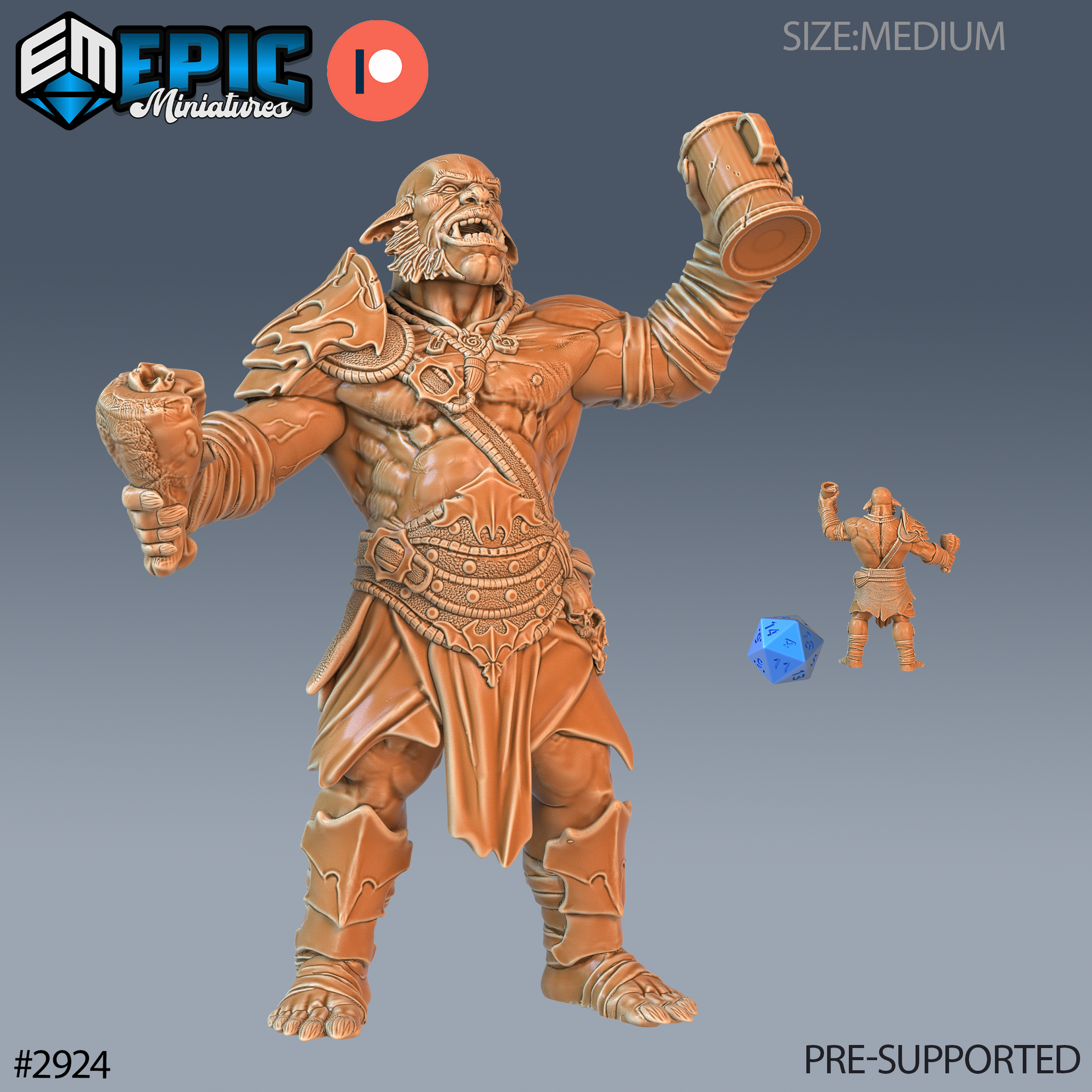 Digital render of an unpainted hobgoblin miniature in 32mm scale, posed with both arms raised wide, holding a tankard in each hand. The hobgoblin wears layered armour with decorated pauldrons and a broad studded belt. His mouth is open in a roar or battle cry. A scale reference shows a blue d20 and a smaller 32mm figure beside him. Epic Miniatures logo visible in the top left.