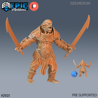 Digital render of an unpainted hobgoblin gladiator miniature in terracotta resin tone, dual-wielding long curved blades with arms spread wide in an aggressive stance, wearing layered shoulder armour, decorated bracers, and an ornate belt, mouth open in a battle roar, shown alongside a 32mm scale reference figure and a blue d20