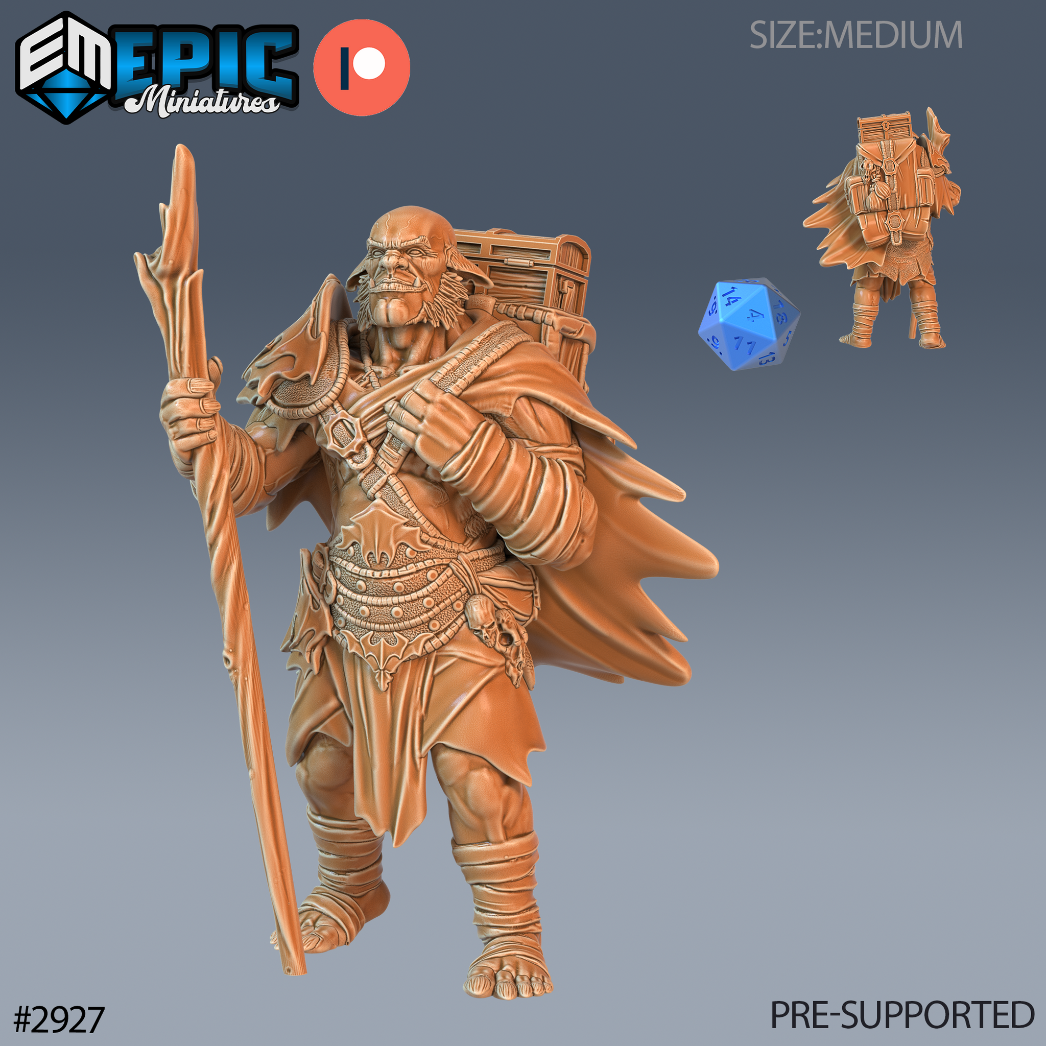 Digital render of an unpainted hobgoblin adventurer miniature at 32mm scale, shown in terracotta resin tone. The figure stands in a confident mid-stride pose, holding a tall gnarled staff in one hand and wearing a billowing travel cloak. A large wooden-framed pack is strapped to his back. He wears a studded belt with a skull charm, layered travelling clothes, and wrapped leg bindings. A blue d20 and a rear-view of the miniature are visible alongside the main figure. Epic Miniatures logo in top-left corner.