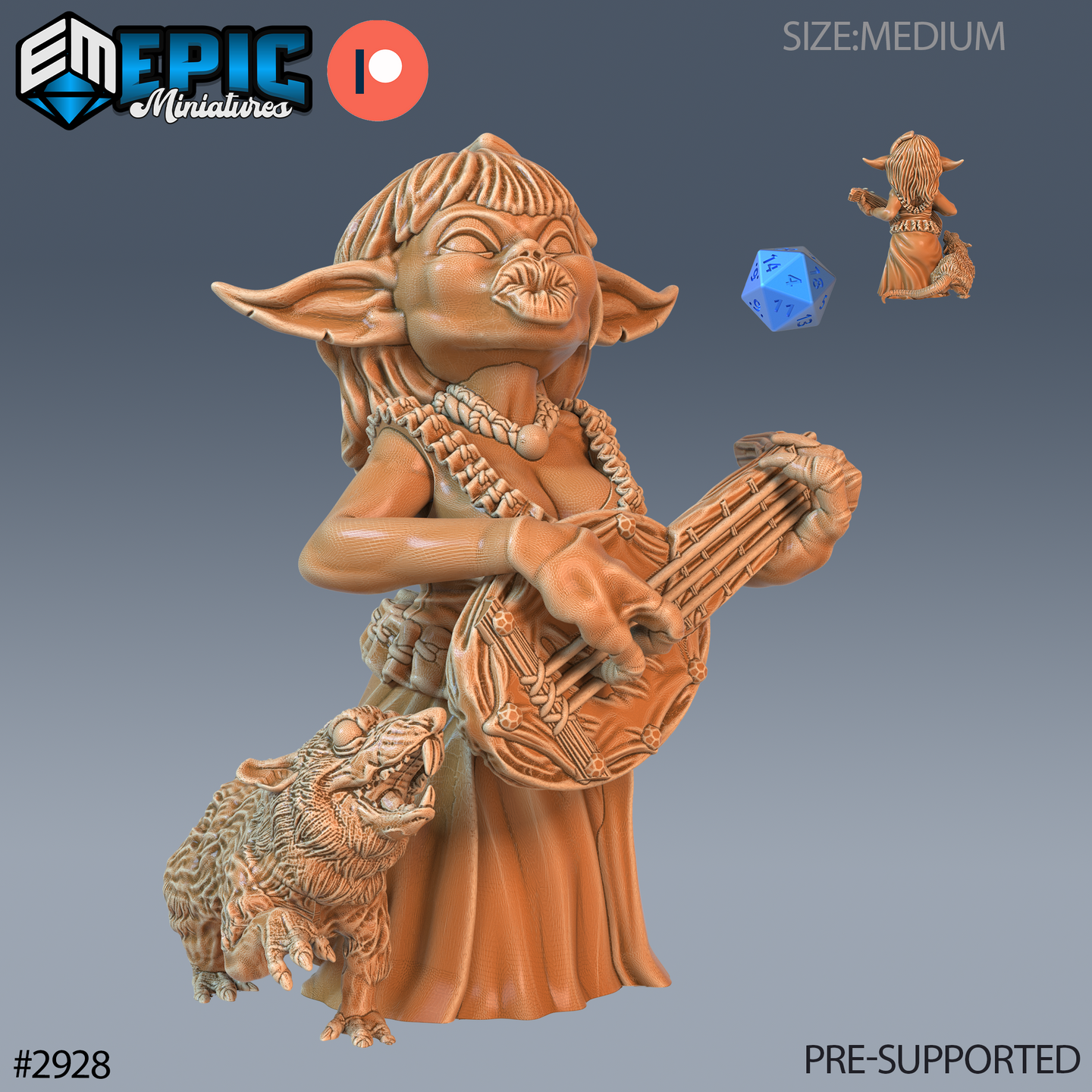 Digital render of an unpainted resin Goblin Diva miniature — a female goblin bard with eyes closed mid-song, strumming a detailed bamboo lute, wearing a flowing dress and bead necklace, with a shaggy wolf cub at her feet. Scale reference d20 shown alongside. Medium creature size. Sculpted by Epic Miniatures.